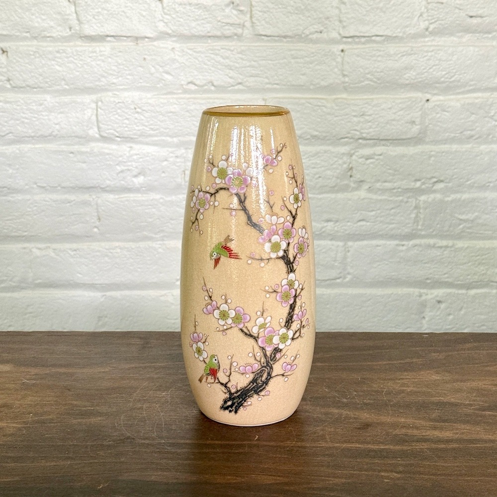 Vintage Japanese Satsuma Vase Hand Painted Cherry Blossom Bird Crackle Glaze 9"